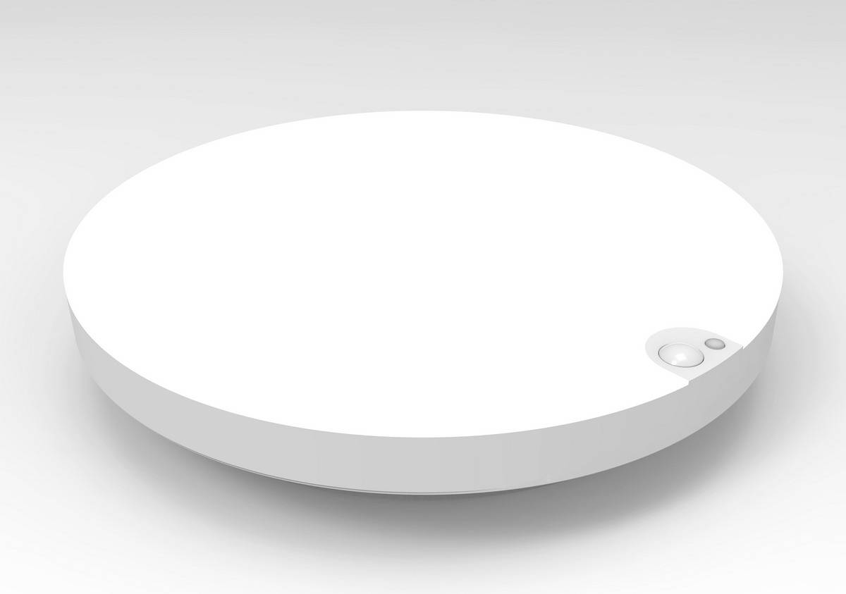 A round white platform with a small recessed area at the edge, centrally positioned on a grey background.