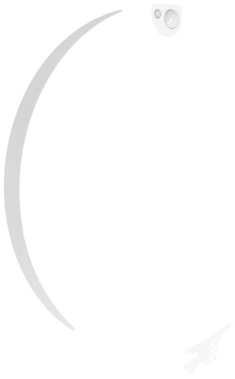 A grey crescent motif with a small, circular camera lens at the top and a barely visible logo in the bottom right.