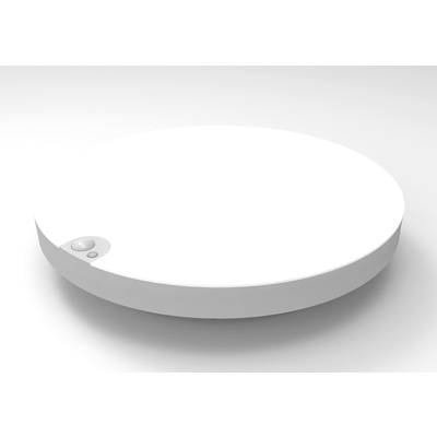 A white, round, flat smoke detector on a white surface, with a button on its side.