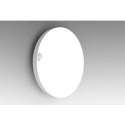 Round, white ceiling or wall light with motion sensor, mounted on a grey background.