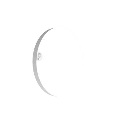 The image depicts a minimalist white, circular structure. On the left, a small, spherical indentation can be observed.