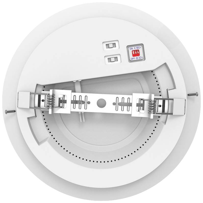 A circular LED recessed ceiling spotlight viewed from above, with metal mounting brackets and a dimmer switch (ON 100%, OFF 0-50%).