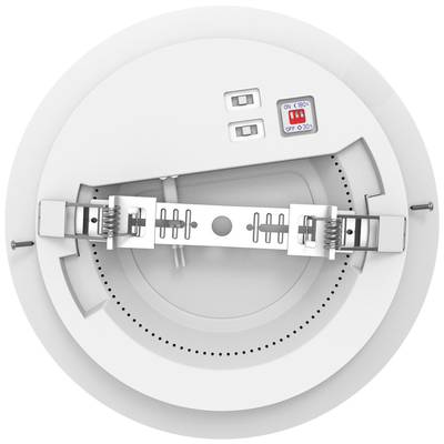 Round, white ceiling light with metal mounting and electronic switch. Switch displays 'ON E100' and 'OFF 0.50'.