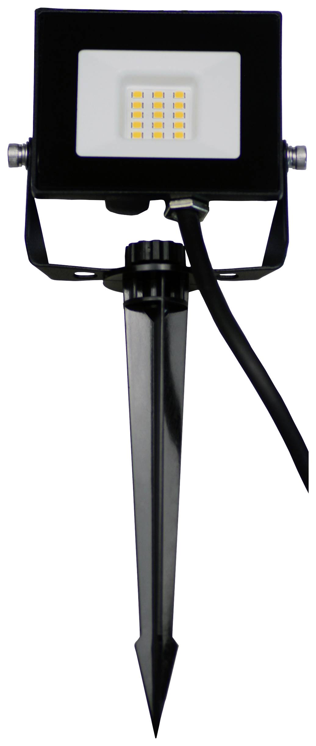 A black LED spotlight with ground spike, six illuminating LEDs in a rectangular housing. Suitable for outdoor lighting.
