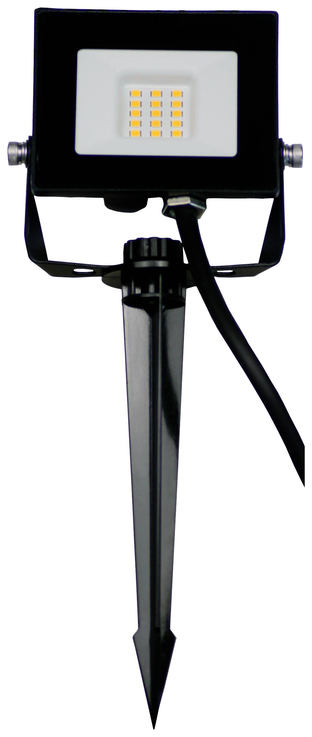A black LED floodlight on a ground spike, suitable for outdoor lighting.