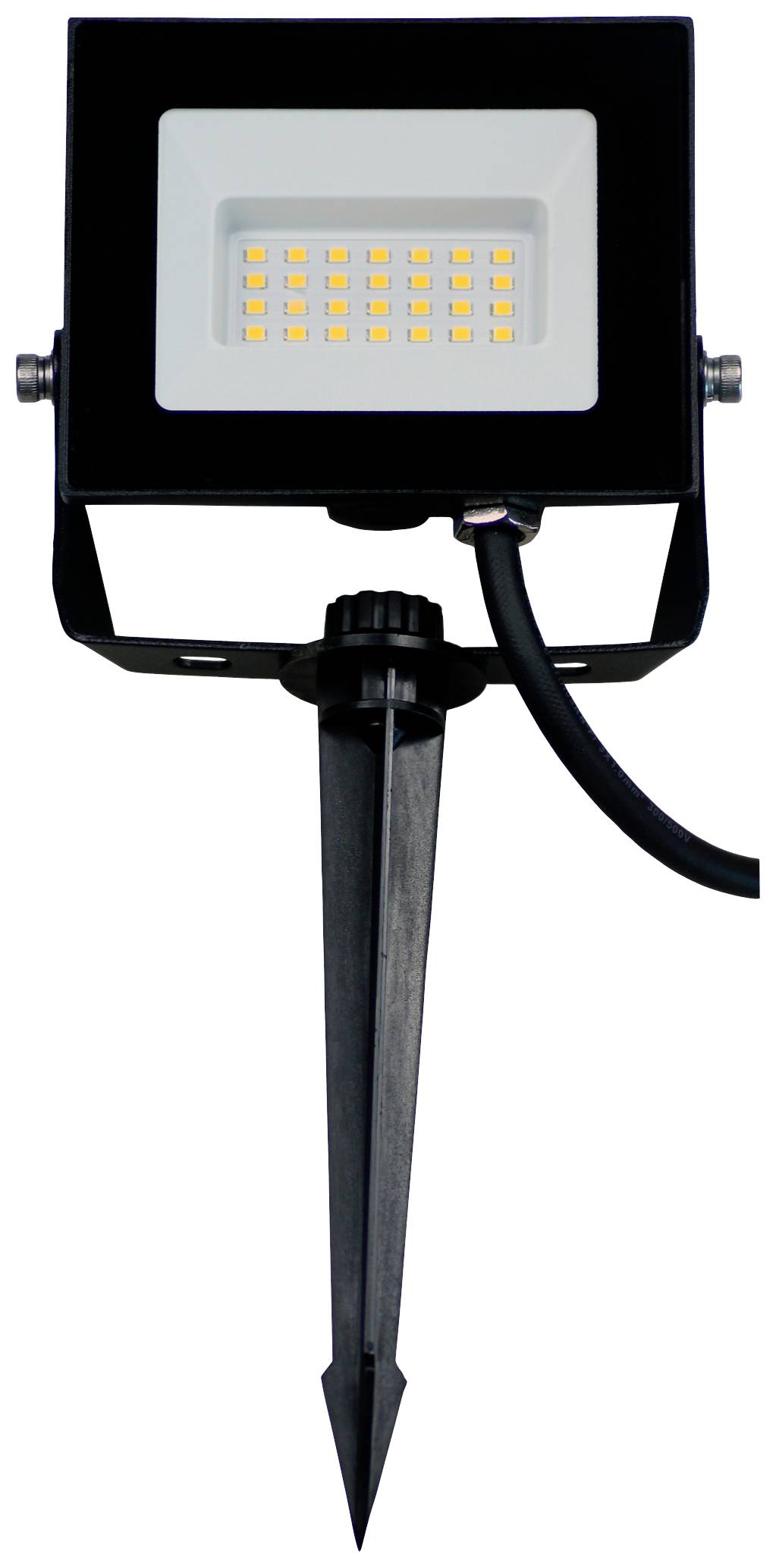 A black LED outdoor spotlight with ground spike and cable is shown, ideal for illuminating garden areas or pathways.