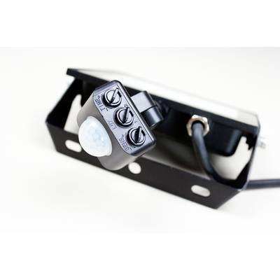 A motion sensor with three adjustment buttons for 'TIME', 'LUX', and 'SENS'. Mounted on a black bracket with cable connection.