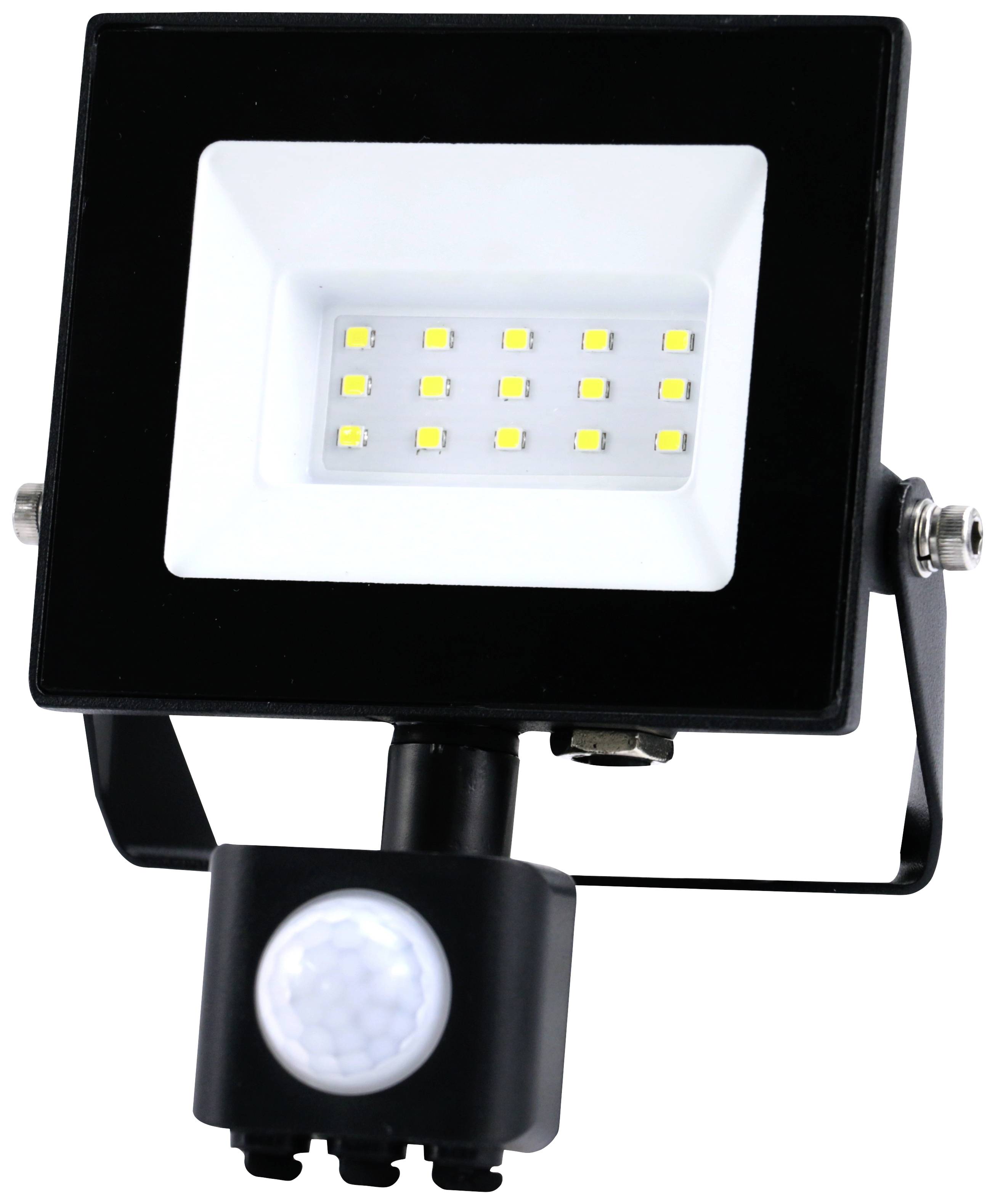 LED floodlight with motion sensor, rectangular, black, showing illuminated LED diodes within a reflector.