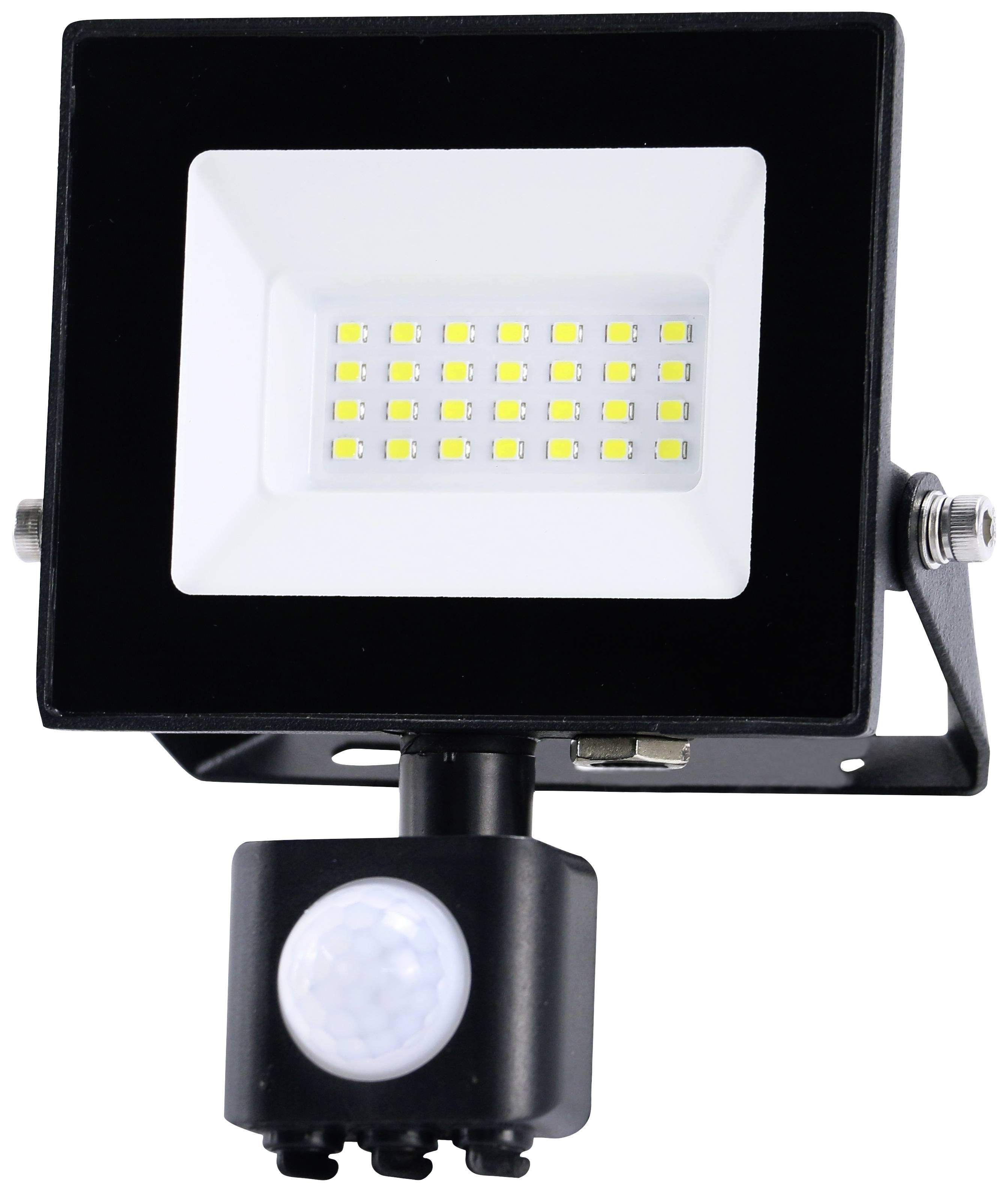 LED floodlight with integrated motion sensor, rectangular design, suitable for outdoor lighting.