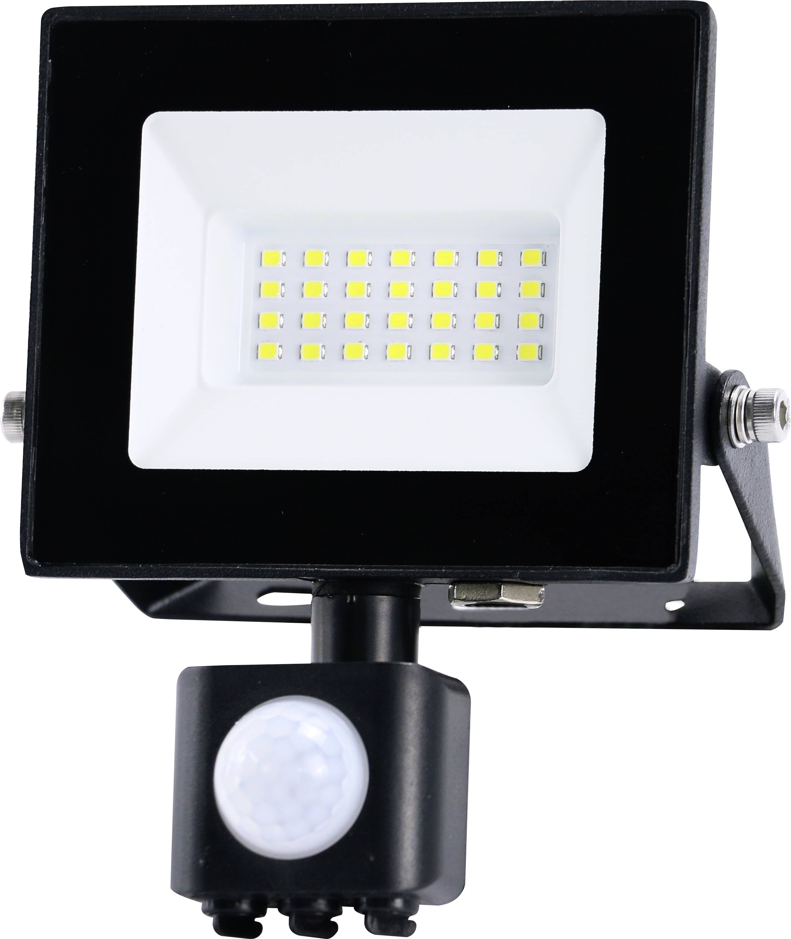A LED floodlight with a black housing and integrated motion sensor on the underside. Ideal for outdoor lighting.