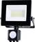 A LED floodlight with a black housing and integrated motion sensor on the underside. Ideal for outdoor lighting.