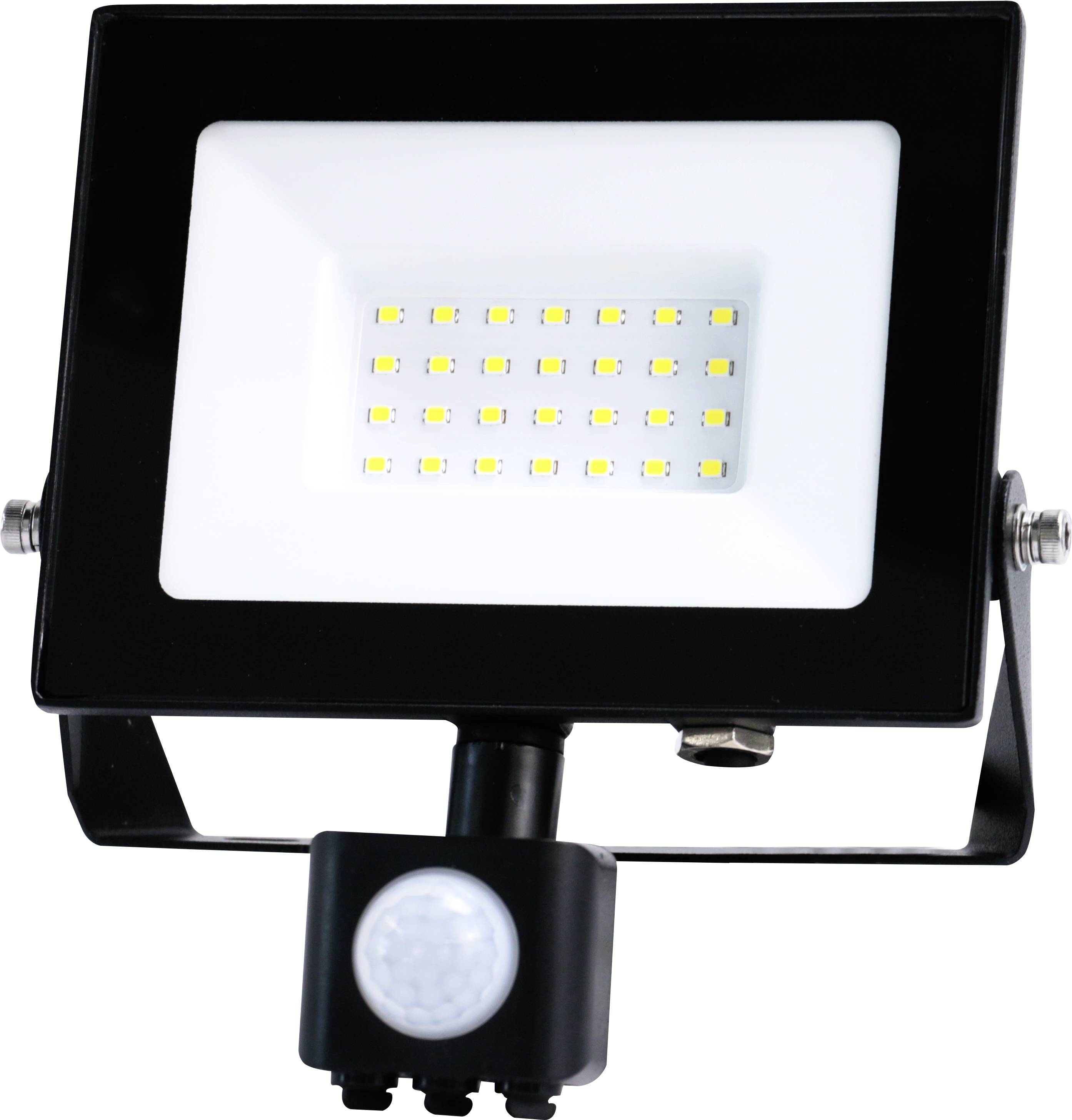 LED floodlight in a black and white housing with motion sensor, ideal for outdoor lighting.