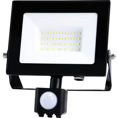 LED floodlight in a black and white housing with motion sensor, ideal for outdoor lighting.