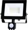LED floodlight in a black and white housing with motion sensor, ideal for outdoor lighting.