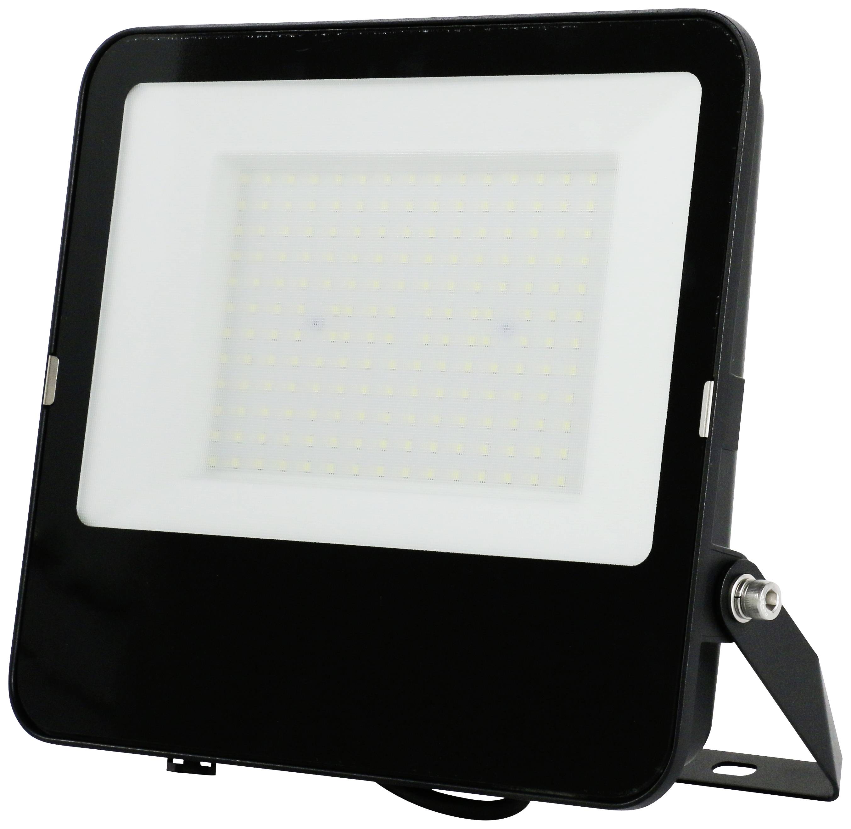 A LED floodlight with a rectangular, black housing and numerous small light-emitting diodes on the white surface.