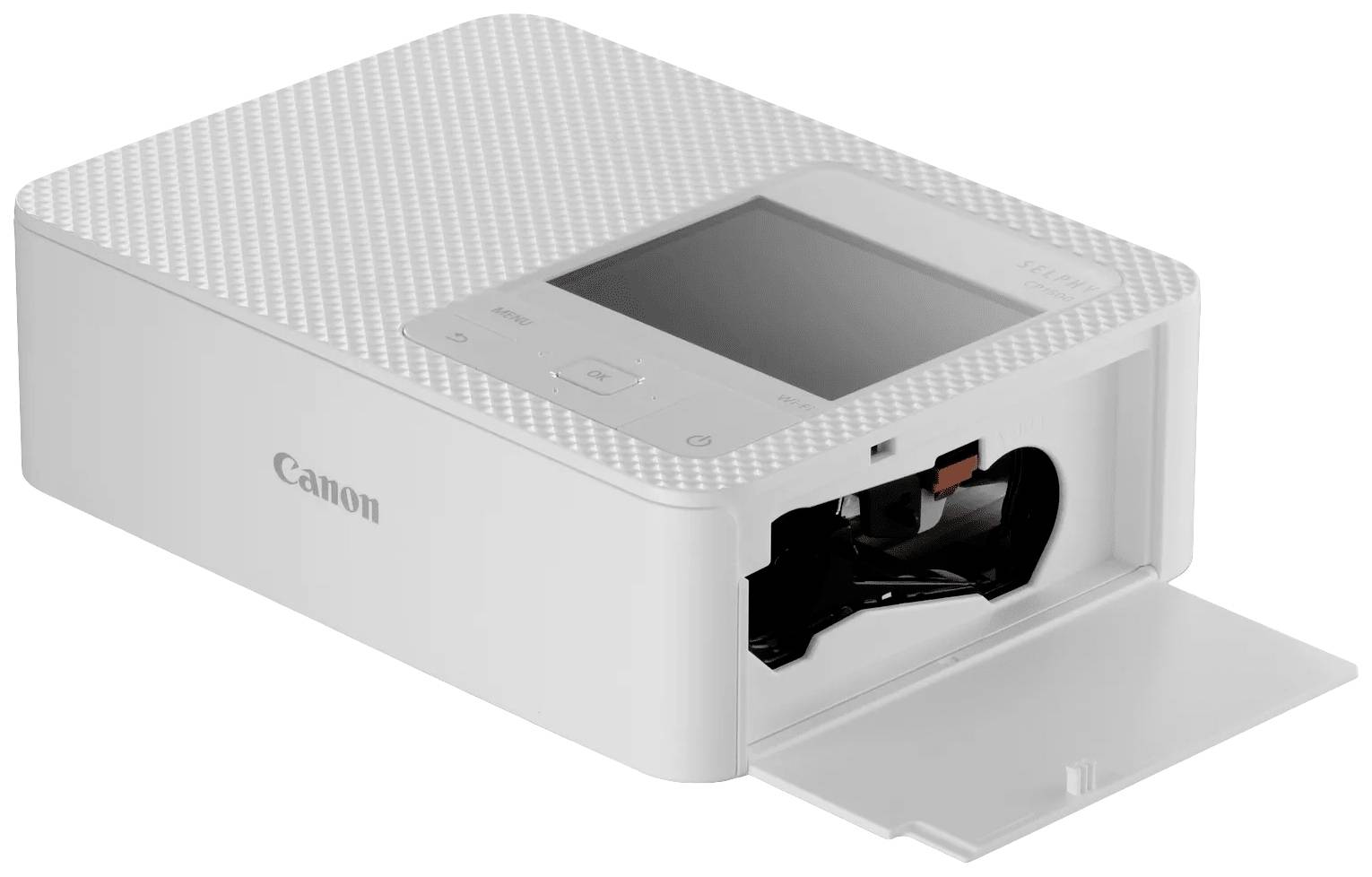 White, compact photo printer with display and open paper tray cover.
