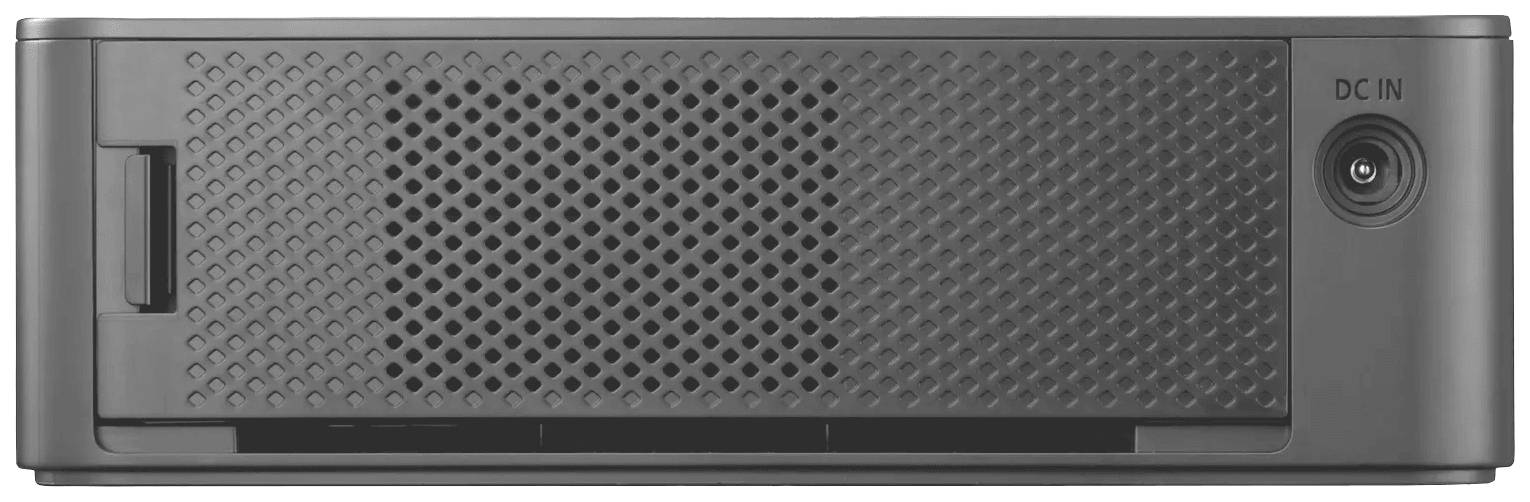 A black, rectangular box with ventilation slots and a DC-IN power socket on the right.