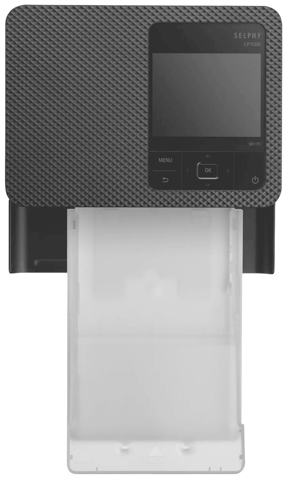 'Black Selphy CP1500 printer with display and controls at the front, paper output visible below. Compact design, Wi-Fi enabled.'