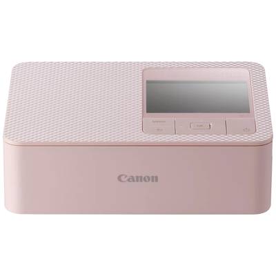 A pink Canon printer with a small display and buttons for menu, print, and power. Compact and portable, suitable for photo printing.