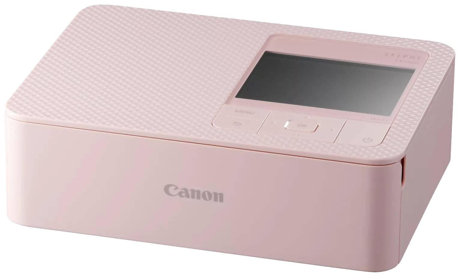 A pink portable printer with a small display and control buttons. The Canon logo is visible.