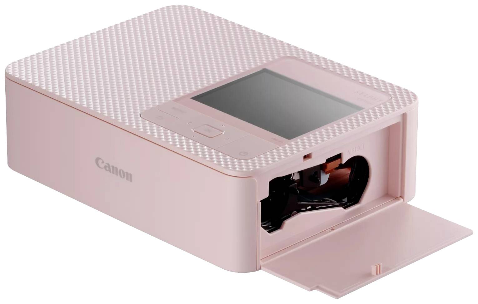 A pink Canon photo printer with an open paper tray and display on the top surface. Compact design for instant prints.