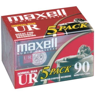 A pack of five Maxell audio cassettes, Normal Bias UR, suitable for everyday recordings, 90 minutes playing time per cassette.