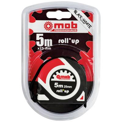 Packaging of a 5m long measuring tape by mob Peddinghaus in red, black, and white. Contains details about size and design.<br><br>Packaging of a 5m long measuring tape by mob Peddinghaus in red, black, and white, showcasing details of its size and design.