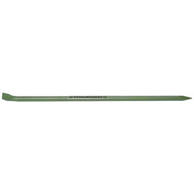 A green metal rod with a rounded tip and a small hook at the opposite end. Potentially a tool component.