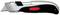 Silver universal knife with a black handle and red switch, suitable for cutting various materials.