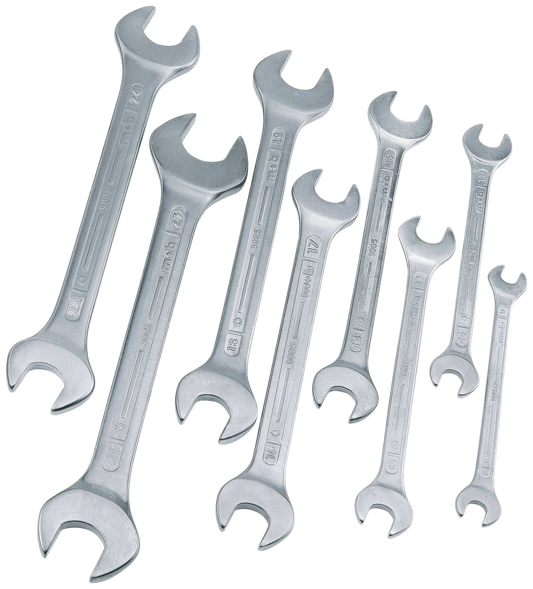 A set of spanners in various sizes, arranged from large to small. Ideal for mechanical repairs and work.