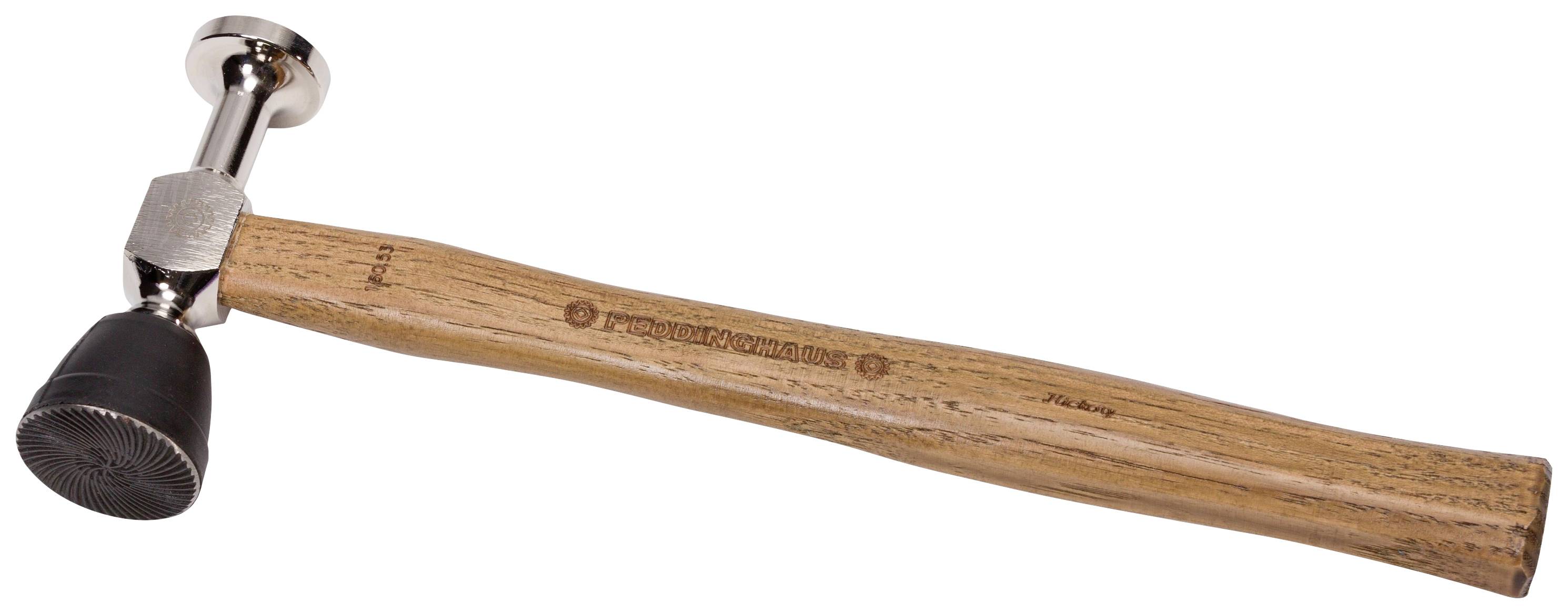 Rubber mallet with metal head and wooden handle, suitable for delicate work where surfaces should not be damaged.