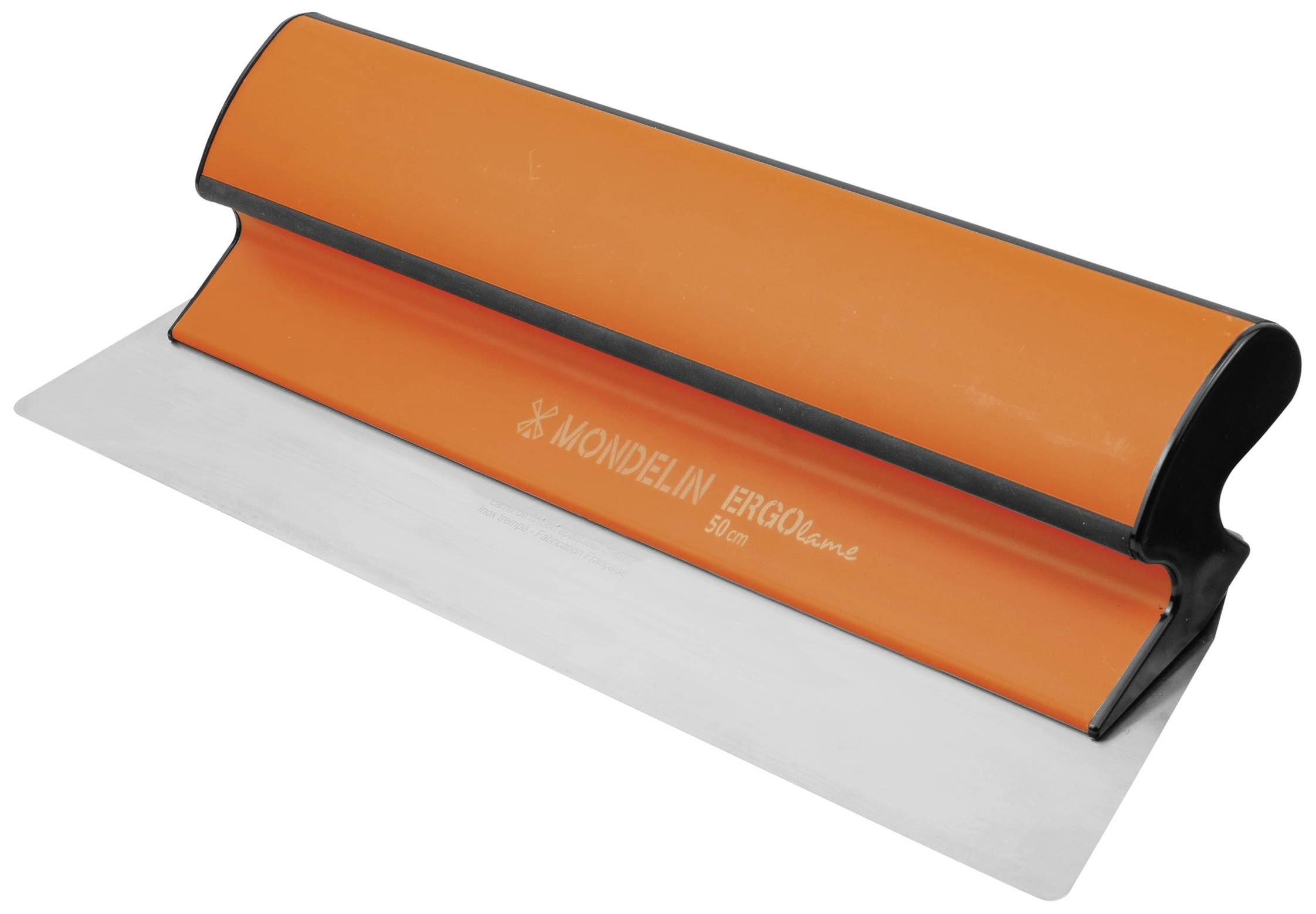 An orange smoothing tool with a wide blade and ergonomic handle, suitable for smoothing surfaces.