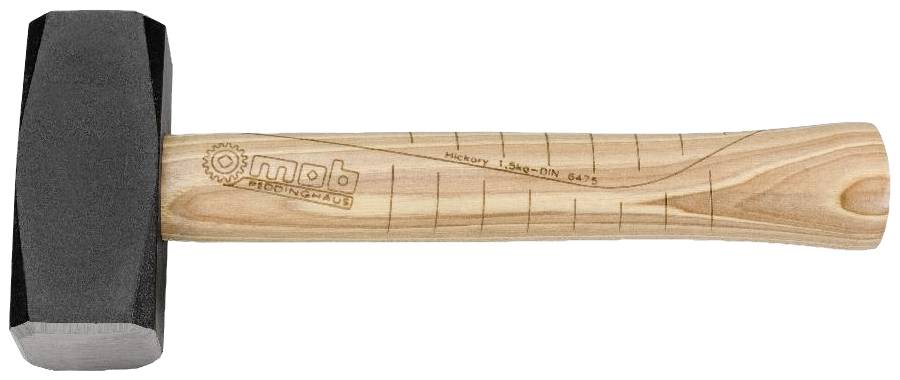 A hammer with a wooden handle viewed from the side. The handle features a measurement scale. The head is rectangular and made of metal.