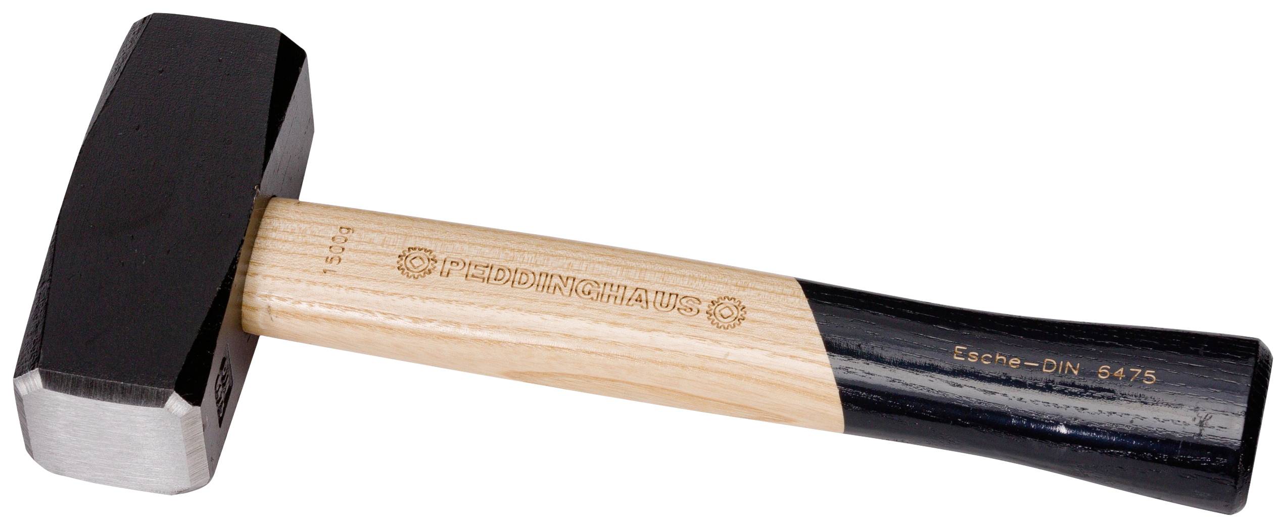 Hammer with a black head and wooden handle. The handle bears the inscription 'Oak-DIN 6475'. Suitable for craftwork.