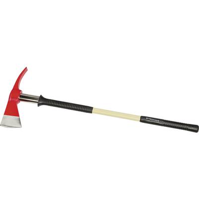A red Pulaski axe with a yellow handle and black grips, used for forestry work and fire fighting.