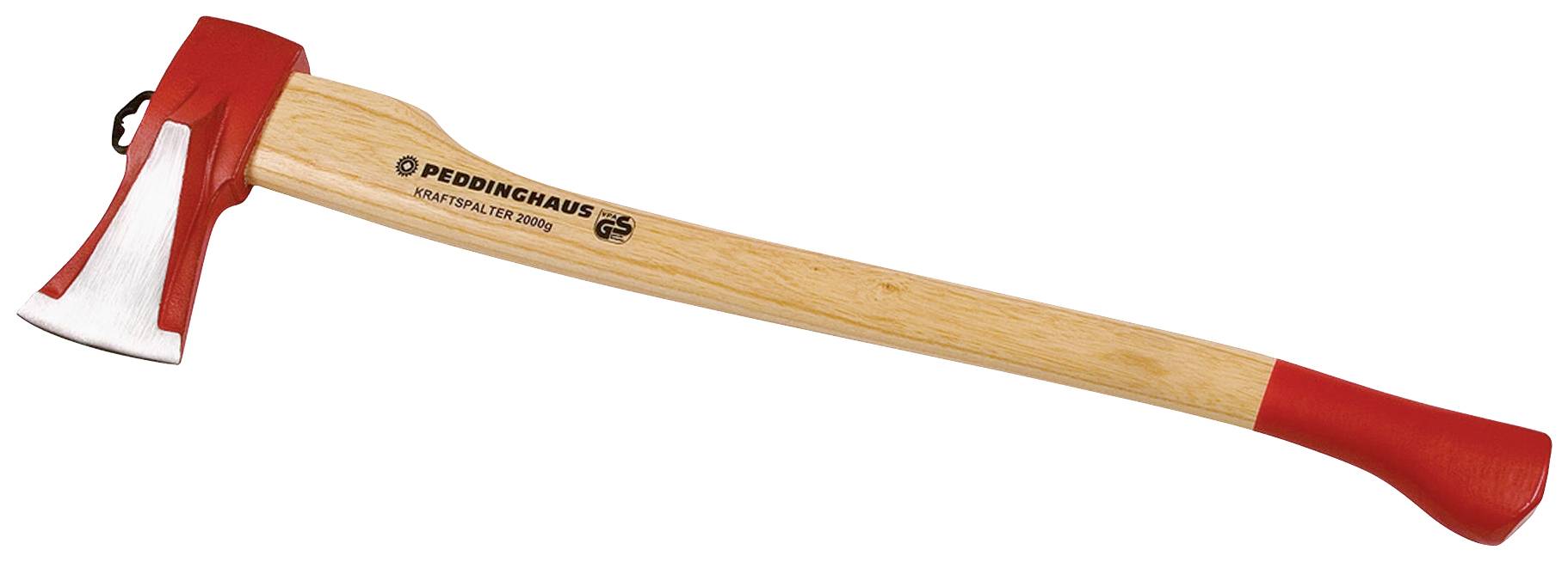 A red-headed axe with a wooden handle, on which 'Peddinghaus' is written. Suitable for woodworking.