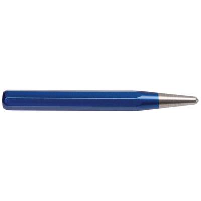 A blue, hexagonal metal pin with a silver tip is lying horizontally.