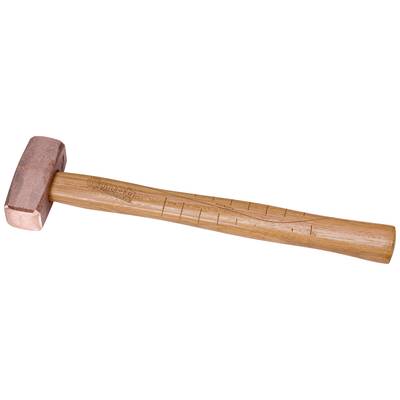 A copper hammer with a wooden handle lies on a white background. The handle has an embossed scale.