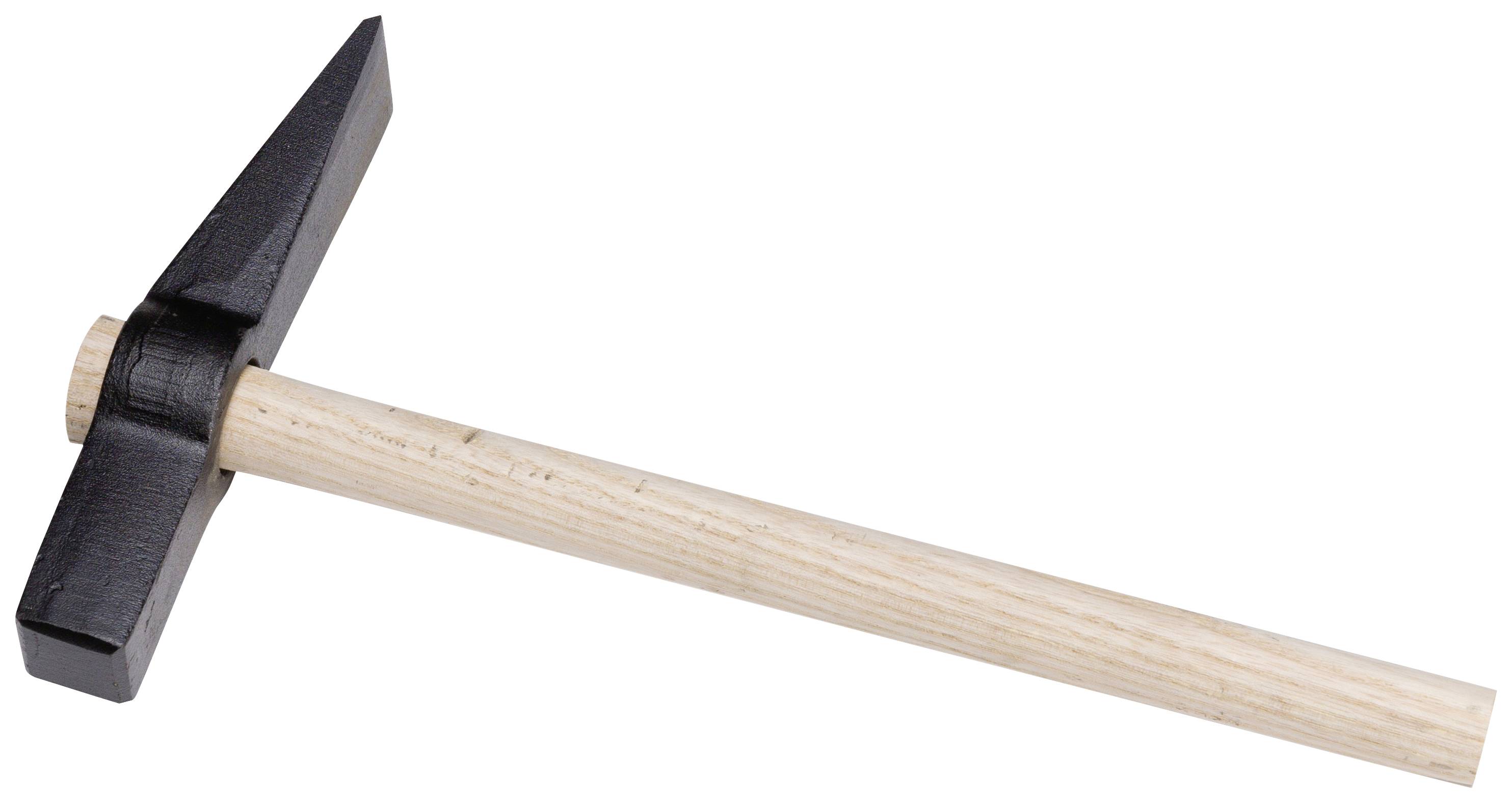 A geologist's hammer with a black head and light wooden handle, used for exploring and splitting rock.