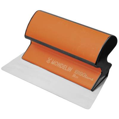 Orange plastic trowel with an ergonomic handle, decorated with the inscription 'Mondelin ERGOclame 30 cm'; used in construction.