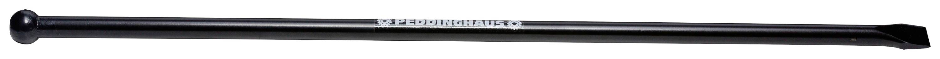 Black rod-shaped object with one-sided flattening and an illegible printed text, presumably a tool.