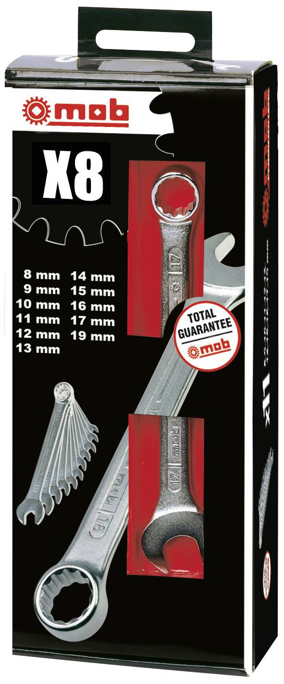 Packaging containing a set of eight spanners in various sizes ranging from 8 mm to 19 mm, brand 'mob', with comprehensive guarantee.