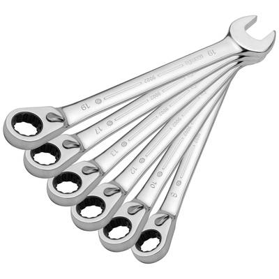 Six silver ring keys in various sizes, stacked in a fan shape, on a white background.