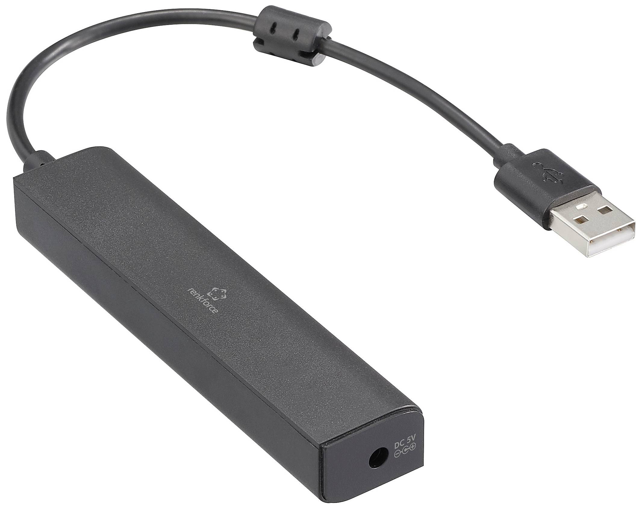 Black USB converter with a rectangular housing and short cable; it connects USB to another interface.