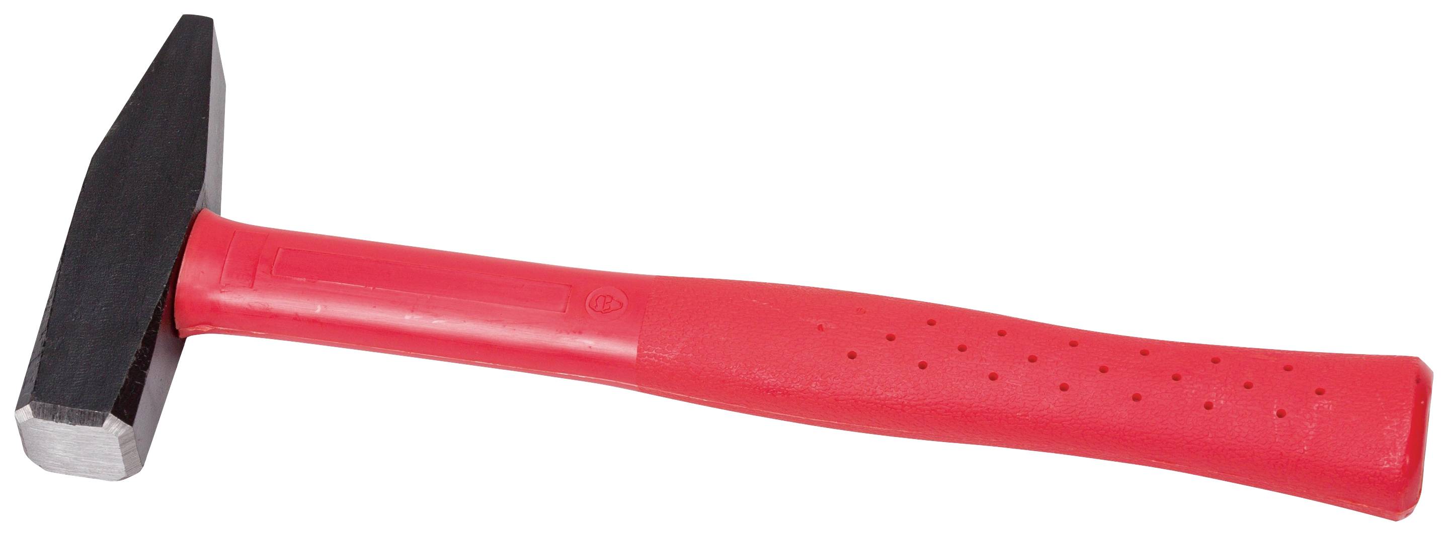 A hammer with a red handle is lying on a white background.