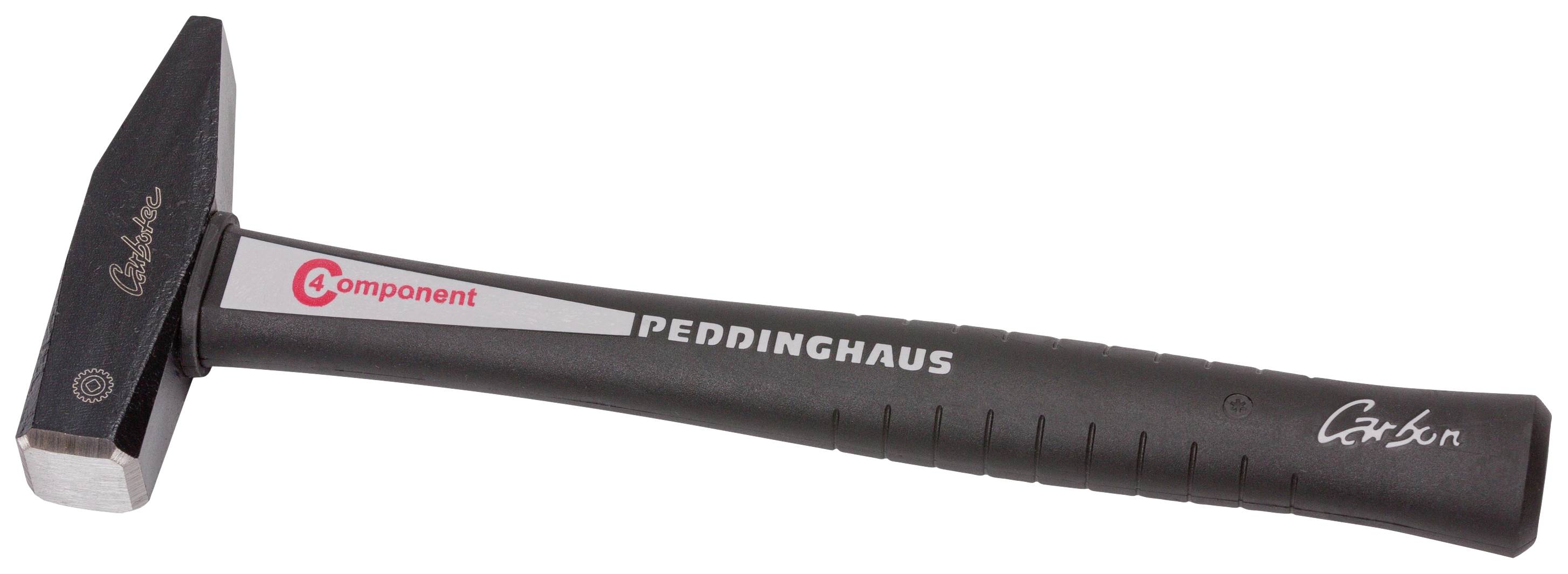 A cross-pein hammer with a black handle marked 'Peddinghaus'. The hammer head has a square and a pointed side.