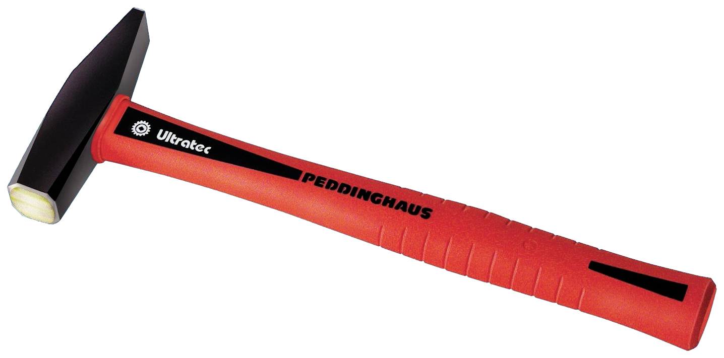 A carpenters' hammer with a red handle and black head. Marked with 'Ultratec' and 'Peddinghaus'. Suitable for woodworking.