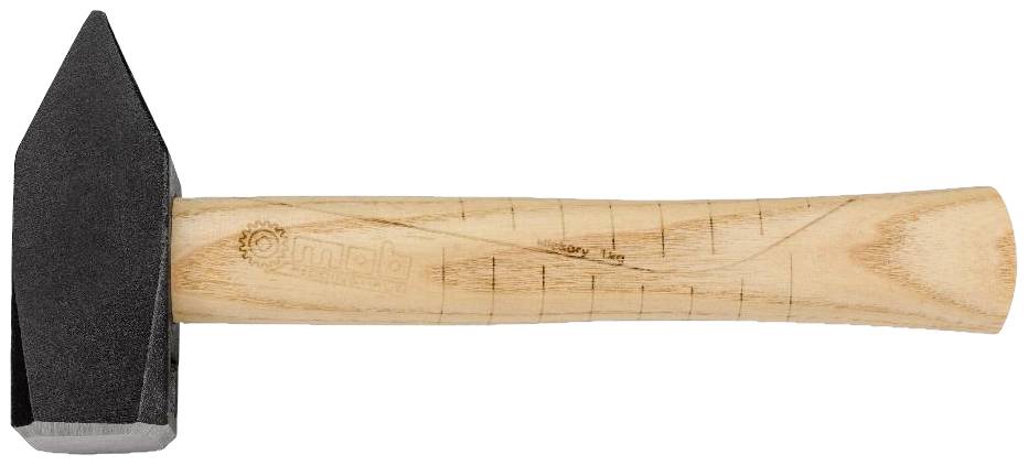 A hammer with a wooden handle and a black, pointed head. The handle has measurement lines for determining length. The tool is lying on a white background.