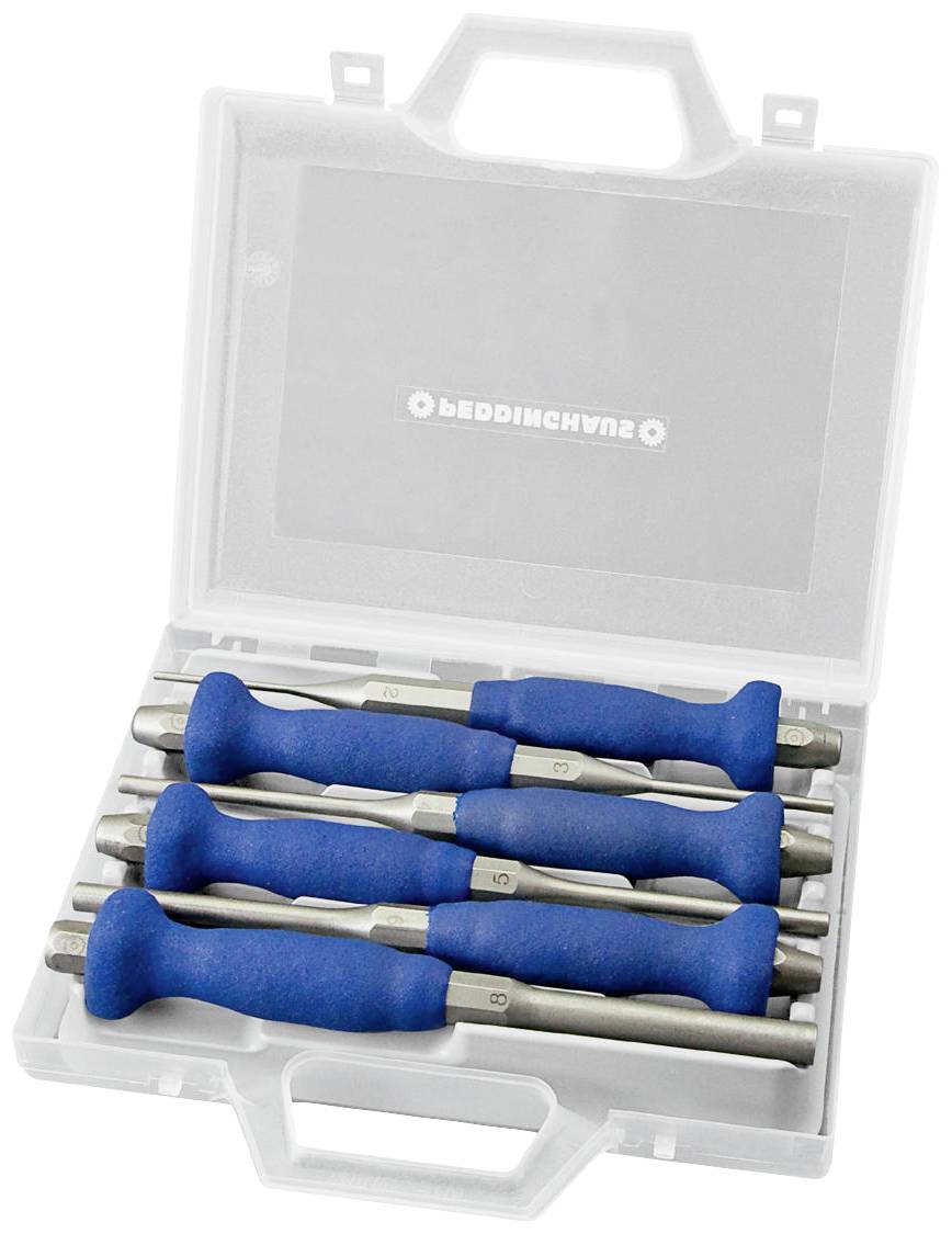 A set of six blue screwdrivers in a clear plastic case.