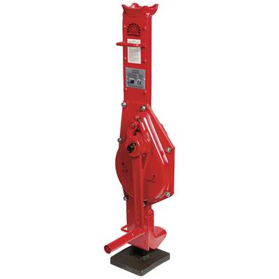 A red mechanical metal jack standing on a black base, with a lever on the right side, showing upward and downward directions.